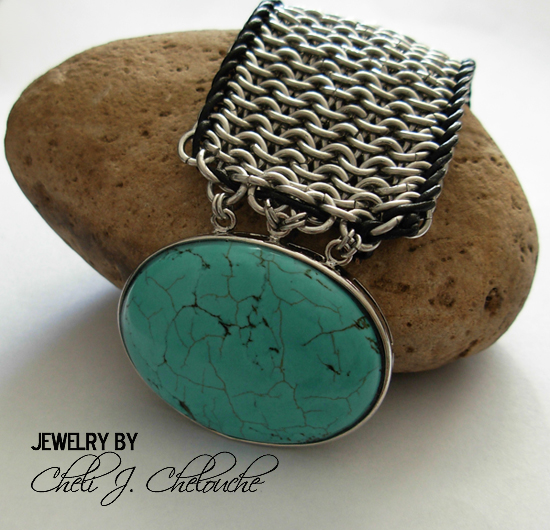 images/turquoise with leather cord mesh chainmaille bracelet.jpg